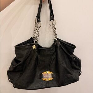 Versace Black Leather Shoulder Bag with Chain Handles